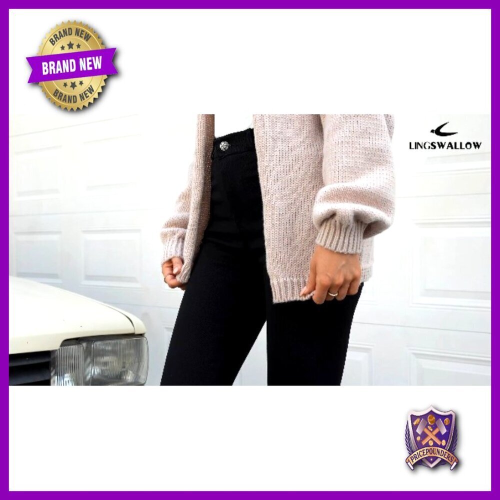 Oversized Chunky Knit Cardigan with Lantern Sleeves, Open Front, Below Hip - Picture 7 of 7